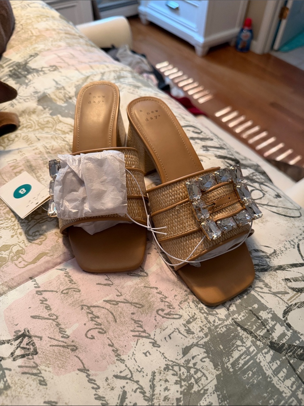 a new day Tan Woven Slide Mules with Crystal Buckle